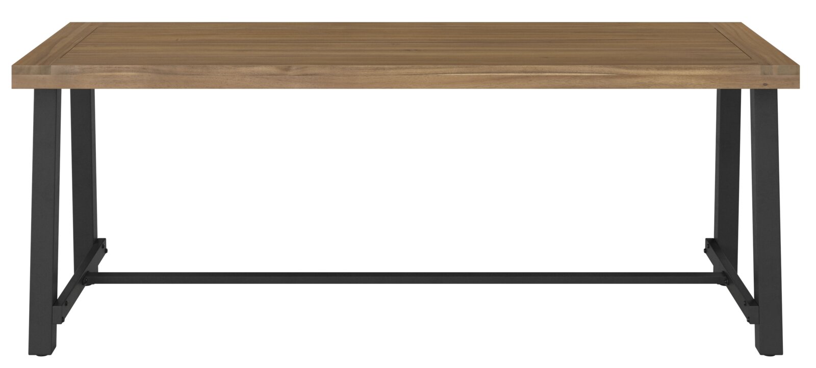 Moderner Gartentisch mit Holzplatte und schwarzem Metallgestell, Frontalansicht