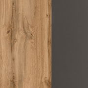 Detailansicht einer Eck-Küchenzeile mit Holzoptik und dunkler Oberfläche.