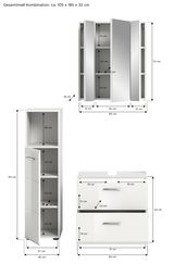Badezimmerkombination bestehend aus einem Spiegelschrank, einem Hochschrank und einem Unterschrank, Gesamtmaße ca. 105 x 185 x 32 cm, Frontalansicht