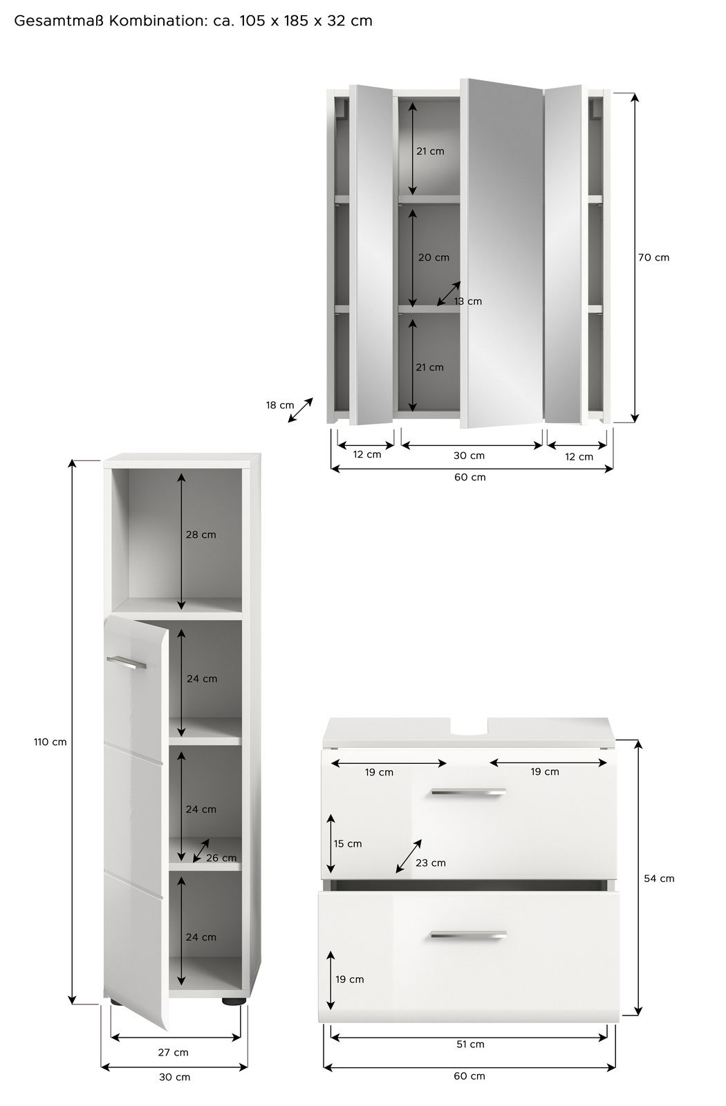 Badezimmerkombination bestehend aus einem Spiegelschrank, einem Hochschrank und einem Unterschrank, Gesamtmaße ca. 105 x 185 x 32 cm, Frontalansicht