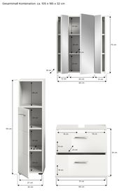 Badezimmerkombination bestehend aus einem Spiegelschrank, einem Hochschrank und einem Unterschrank, Gesamtmaße ca. 105 x 185 x 32 cm, Frontalansicht