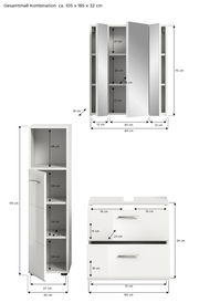Badezimmerkombination bestehend aus einem Spiegelschrank, einem Hochschrank und einem Unterschrank, Gesamtmaße ca. 105 x 185 x 32 cm, Frontalansicht