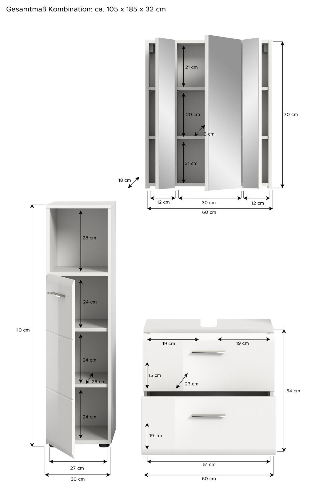 Badezimmerkombination bestehend aus einem Spiegelschrank, einem Hochschrank und einem Unterschrank, Gesamtmaße ca. 105 x 185 x 32 cm, Frontalansicht