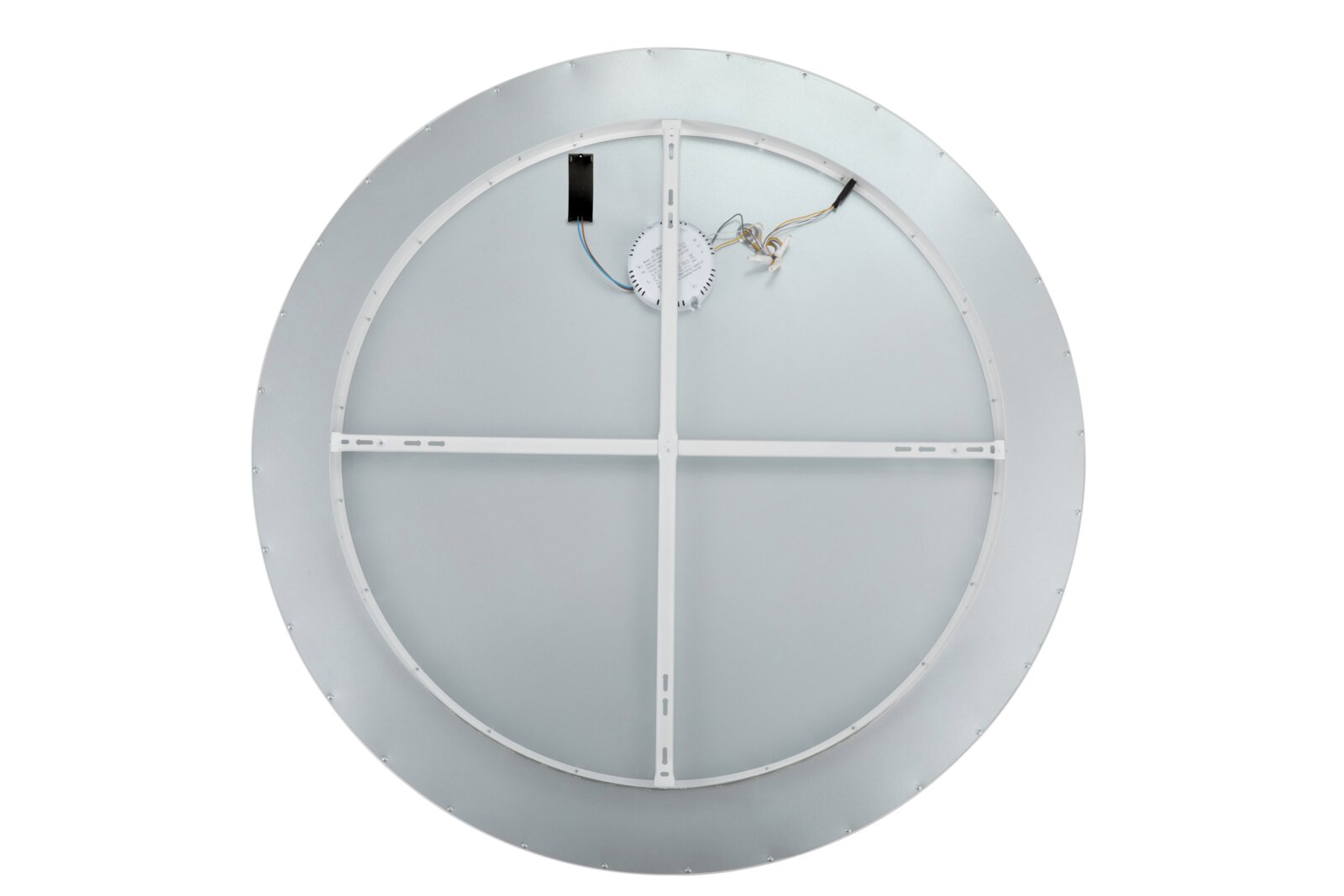 Ronde LED-plafondlamp in zilver met metalen frame en zichtbare bevestigingsconstructie, achterkant gezien van bovenaf tegen een witte achtergrond