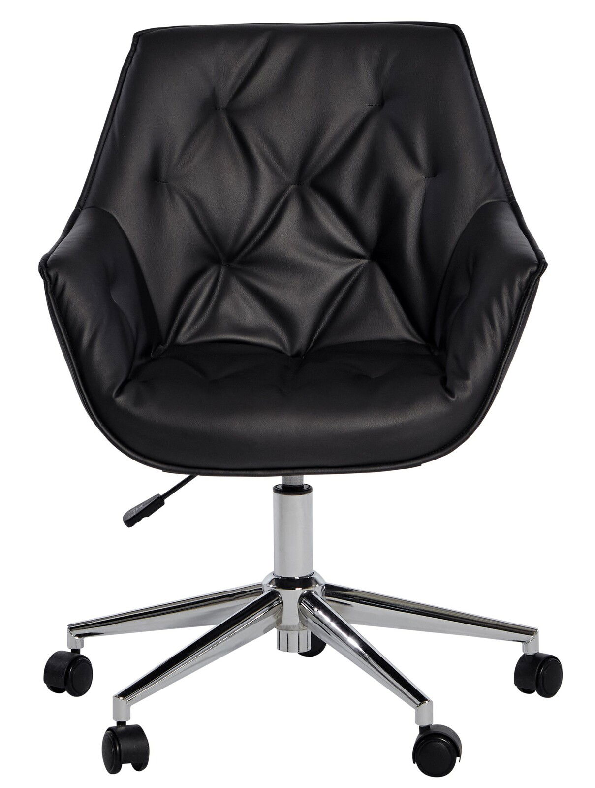 Schwarzer Bürostuhl mit gepolsterter Rückenlehne und Sitzfläche, verchromtem Drehfuß und Rollen, Frontalansicht