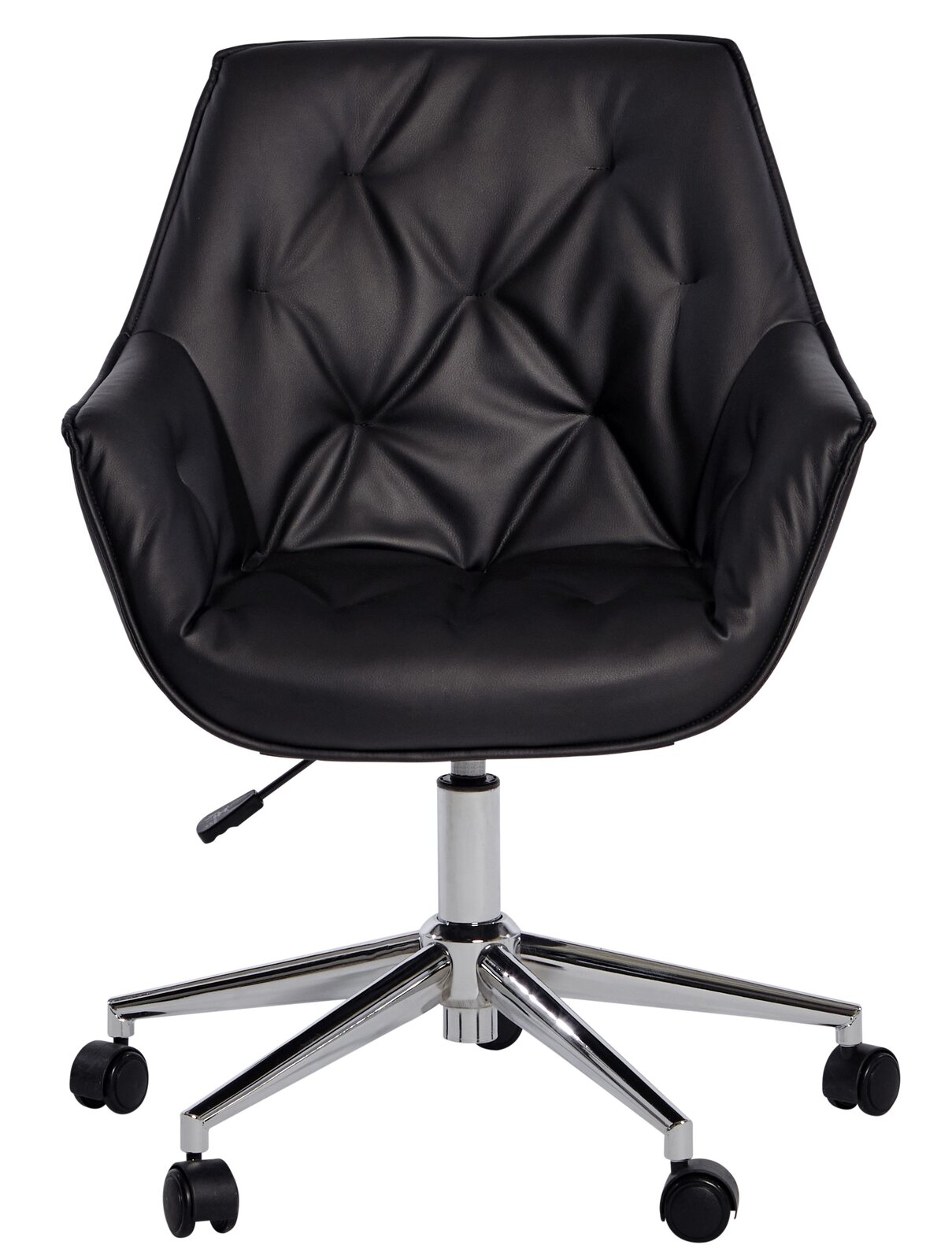 Schwarzer Bürostuhl mit gepolsterter Rückenlehne und Sitzfläche, verchromtem Drehfuß und Rollen, Frontalansicht