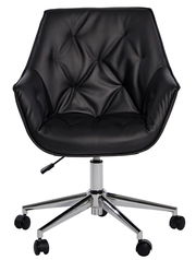 Schwarzer Bürostuhl mit gepolsterter Rückenlehne und Sitzfläche, verchromtem Drehfuß und Rollen, Frontalansicht