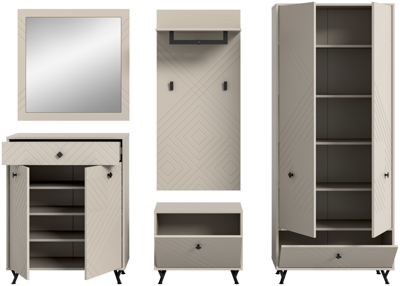 Garderobenkombination bestehend aus einem Spiegel, einem Schuhschrank, einer Wandgarderobe, einem kleinen Schrank und einem hohen Schrank mit geöffneter Tür, frontal betrachtet.