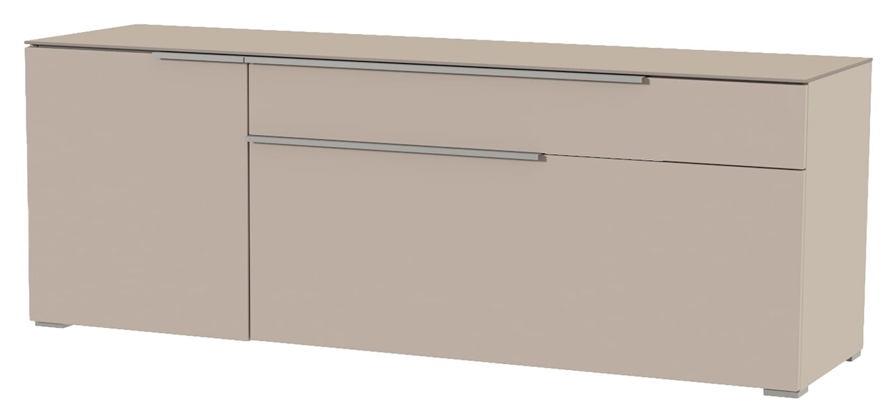 TV-Lowboard in beige mit zwei Schubladen und einer Tür, seitliche Perspektive