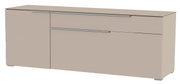 TV-Lowboard in beige mit zwei Schubladen und einer Tür, seitliche Perspektive
