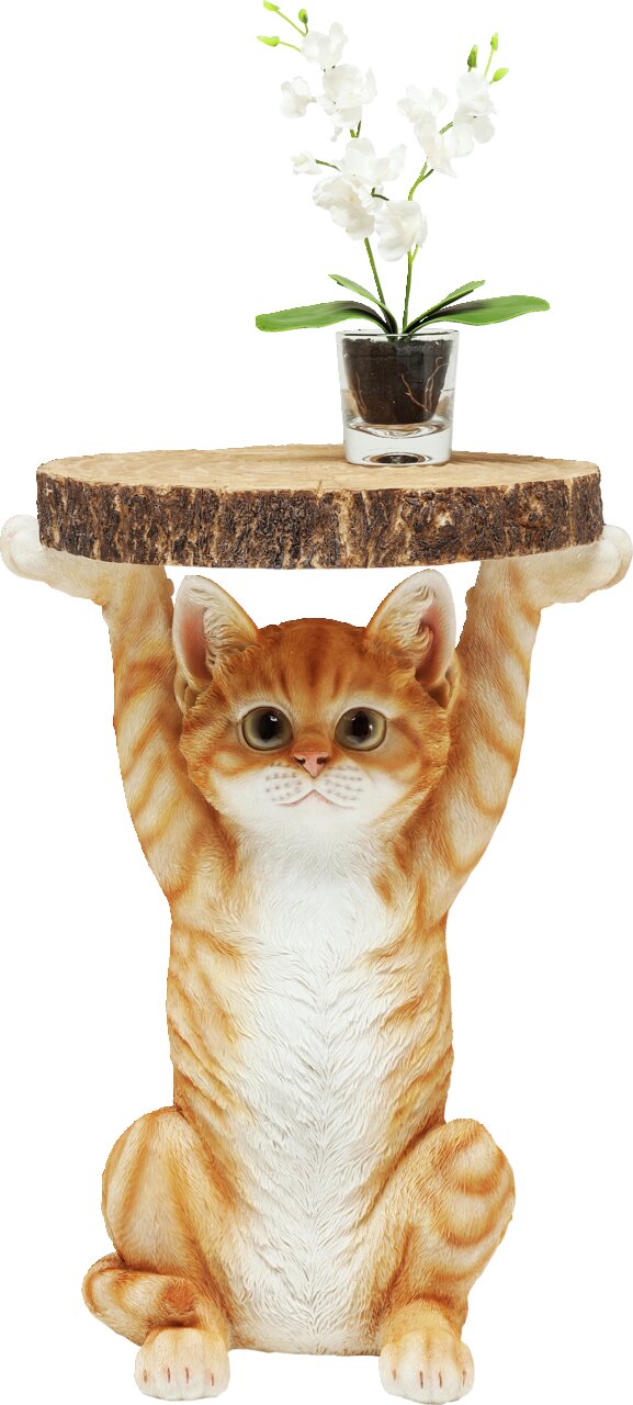 Beistelltisch in Form einer sitzenden Katze, die eine runde Holzplatte mit einer kleinen Pflanze darauf hält, Frontalansicht.