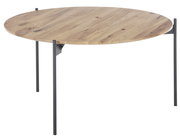 Runder Couchtisch mit Holzplatte und schlanken Metallbeinen, seitliche Perspektive
