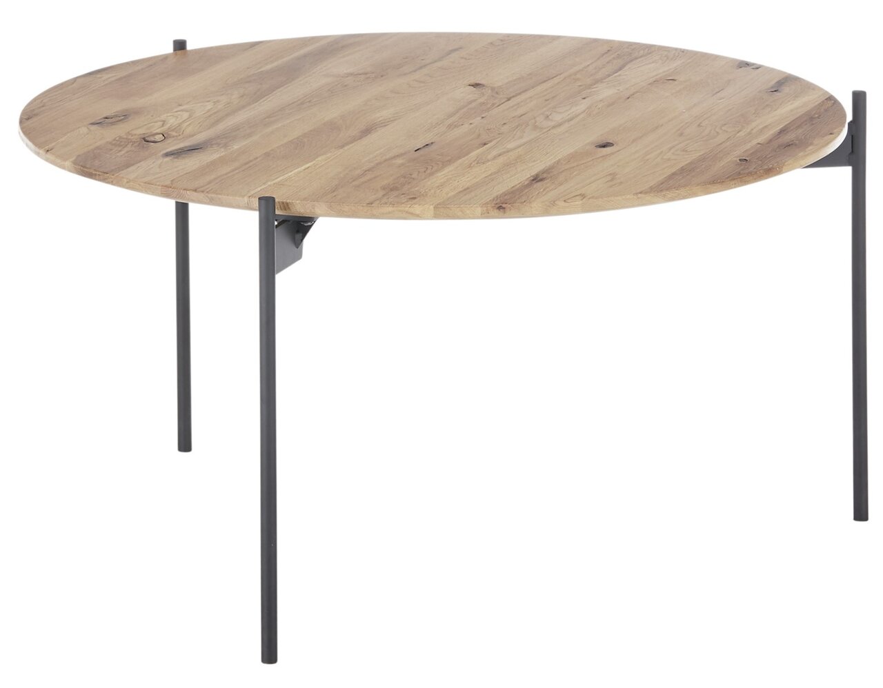 Ronde salontafel met houten blad en slanke metalen poten, zijaanzicht