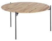 Ronde salontafel met houten blad en slanke metalen poten, zijaanzicht