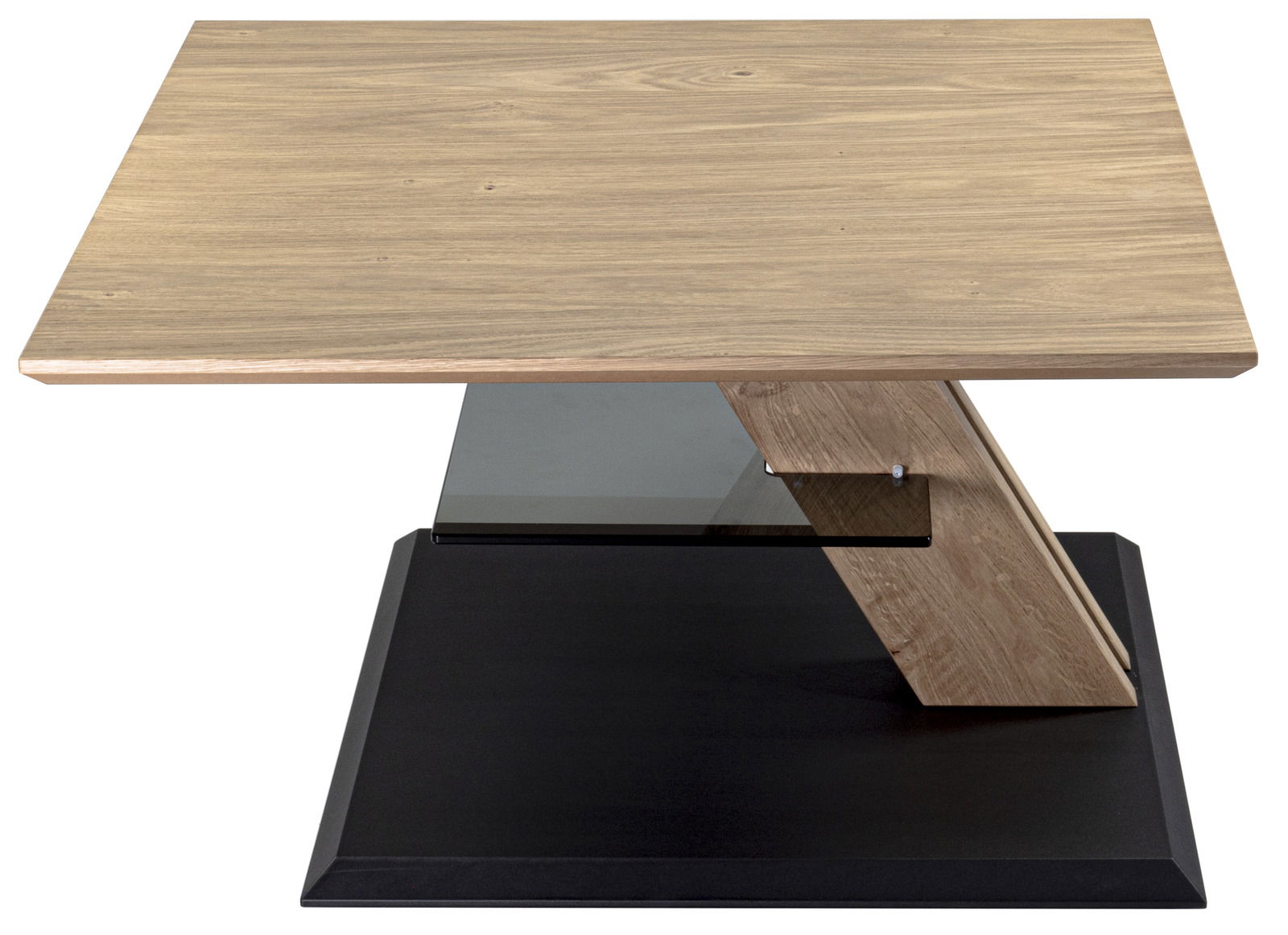 Moderner Couchtisch mit Holzplatte und Glasablage, seitliche Perspektive