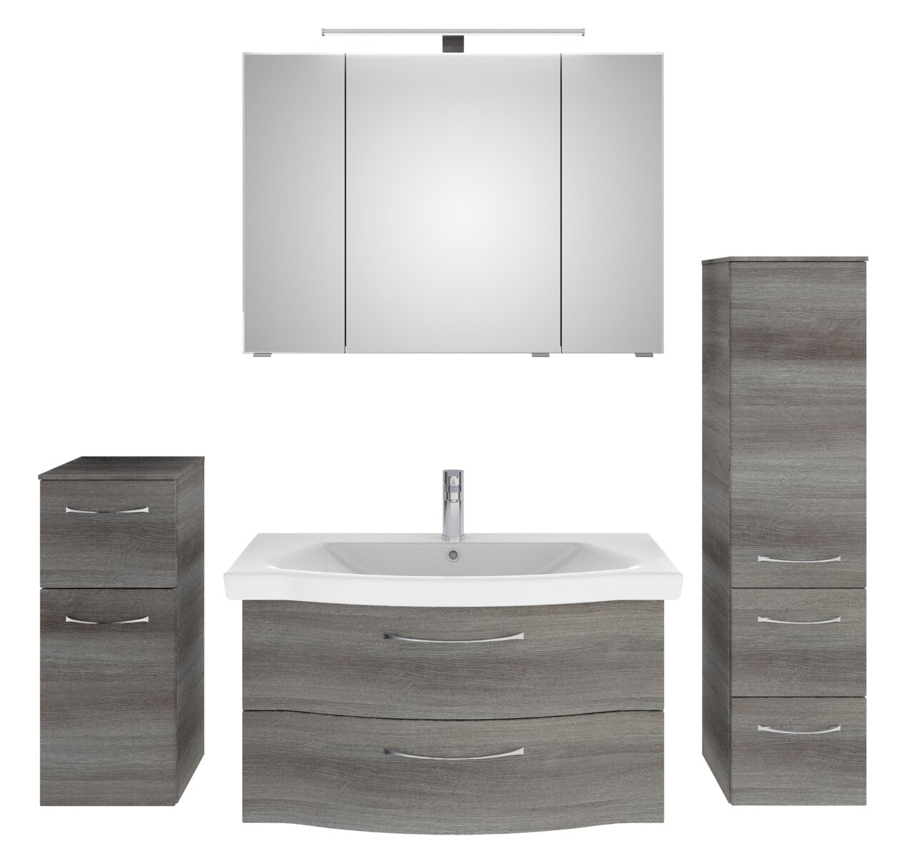 Pelipal Badblock SERIE 6005 SPRINT Badezimmermöbel-Set in grauer Holzoptik, bestehend aus einem Spiegelschrank, einem Waschbeckenunterschrank mit Waschbecken, einem hohen Schrank und einem kleinen Schrank, frontal abgebildet.