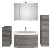 Badezimmermöbel-Set in grauer Holzoptik, bestehend aus einem Spiegelschrank, einem Waschbeckenunterschrank mit Waschbecken, einem hohen Schrank und einem kleinen Schrank, frontal abgebildet.