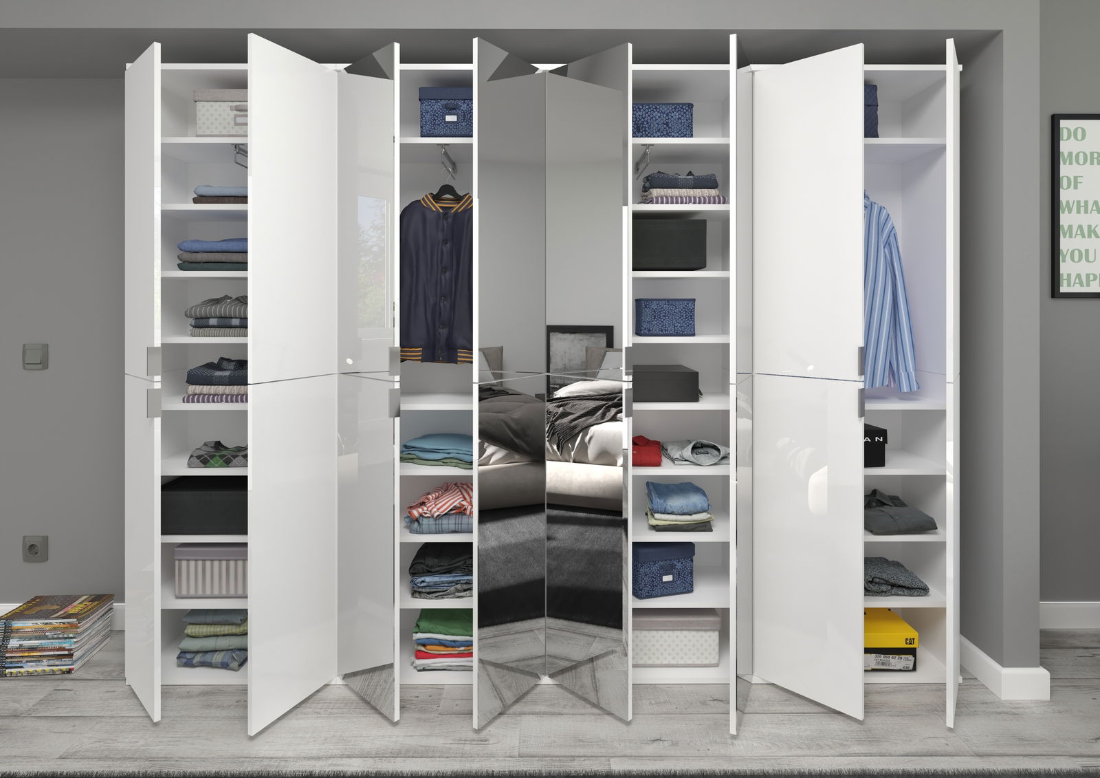 Moderne Garderobenkombination mit mehreren weißen Hochglanztüren, teilweise geöffnet, zeigt Regale mit Kleidung und Accessoires. Frontalansicht.