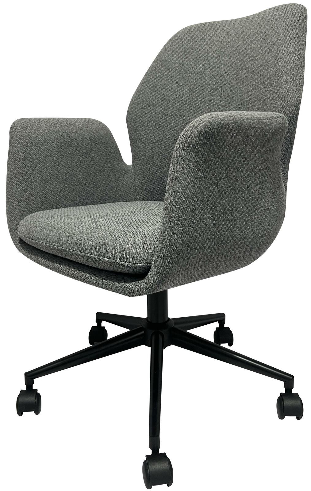 Grauer Drehstuhl mit Armlehnen, seitliche Perspektive
