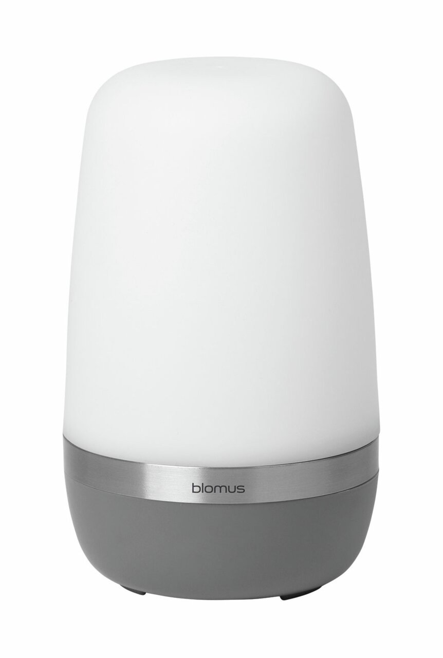 LED-Outdoorleuchte SPIRIT in zylindrischer Form, seitliche Perspektive, mit weißem Leuchtkörper und grauem Sockel.