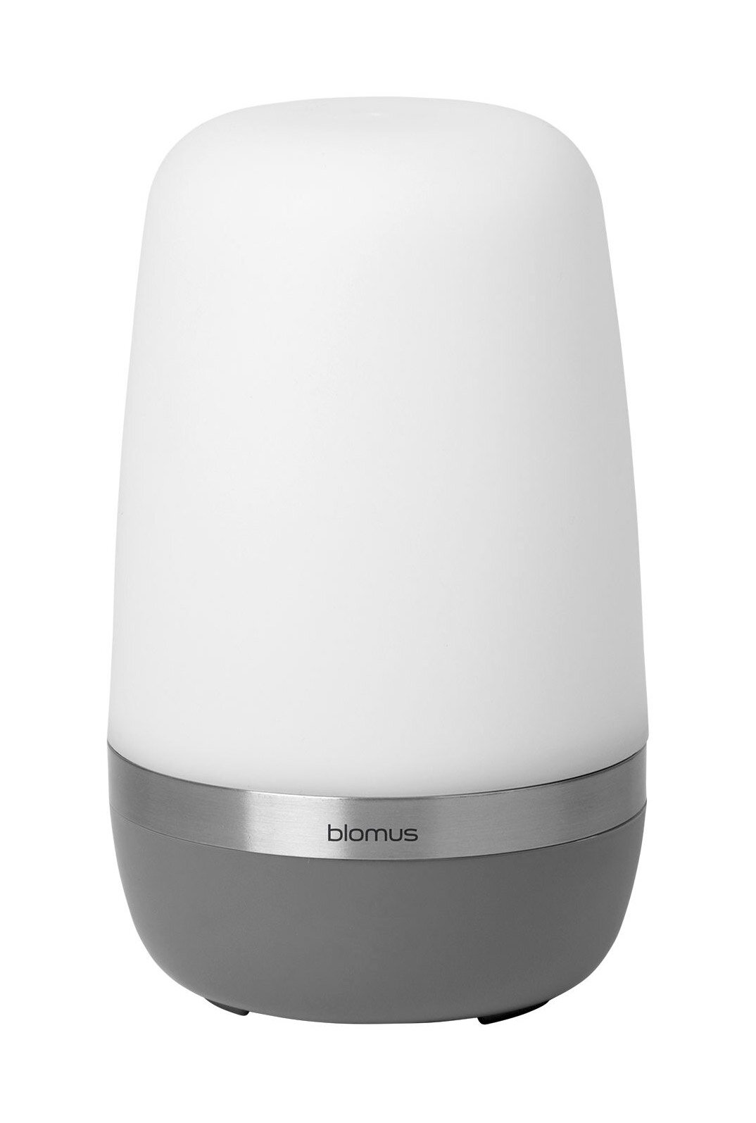 LED-Outdoorleuchte SPIRIT in zylindrischer Form, seitliche Perspektive, mit weißem Leuchtkörper und grauem Sockel.