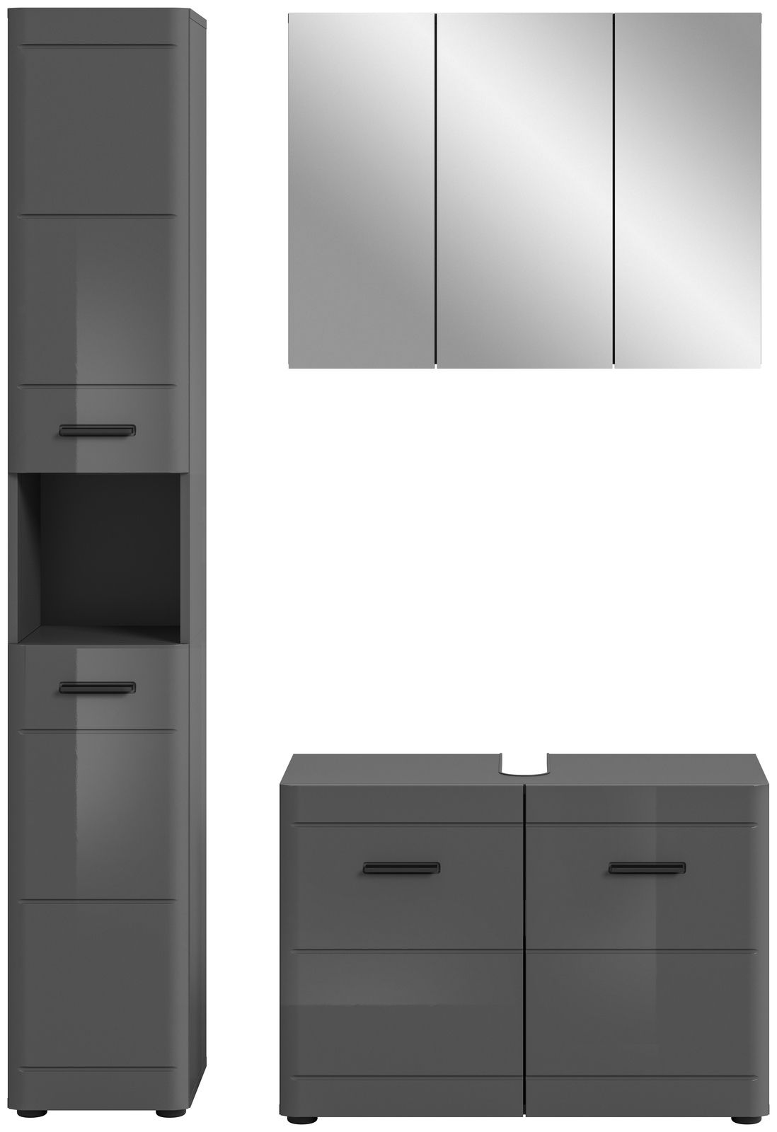 Moderne Badkombination in dunklem Grau, bestehend aus einem hohen Schrank, einem dreiteiligen Spiegelschrank und einem Unterschrank mit Waschbecken-Aussparung, frontal abgebildet.