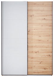 Schwebetürenschrank mit einer Kombination aus weißer und holzfarbener Tür, Frontalansicht