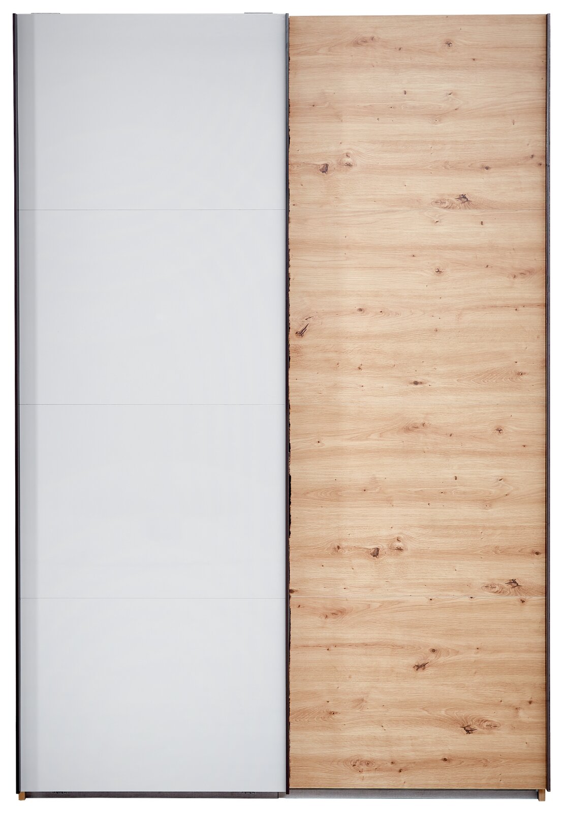 Schwebetürenschrank mit einer Kombination aus weißer und holzfarbener Tür, Frontalansicht