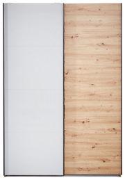 Schwebetürenschrank mit einer Kombination aus weißer und holzfarbener Tür, Frontalansicht