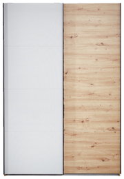 Schwebetürenschrank mit einer Kombination aus weißer und holzfarbener Tür, Frontalansicht