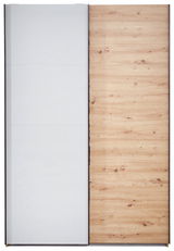 Schwebetürenschrank mit einer Kombination aus weißer und holzfarbener Tür, Frontalansicht