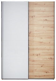 Schwebetürenschrank mit einer Kombination aus weißer und holzfarbener Tür, Frontalansicht