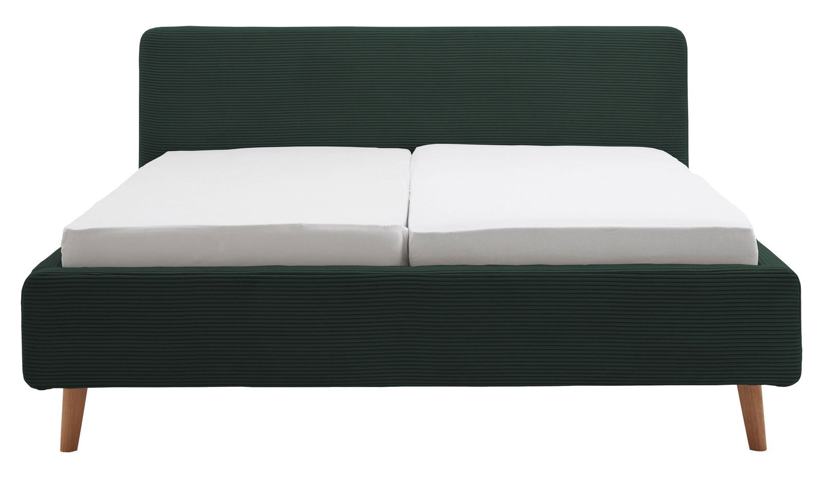 Polsterbettgestell in dunklem Stoff mit Holzfüßen, Vorderansicht