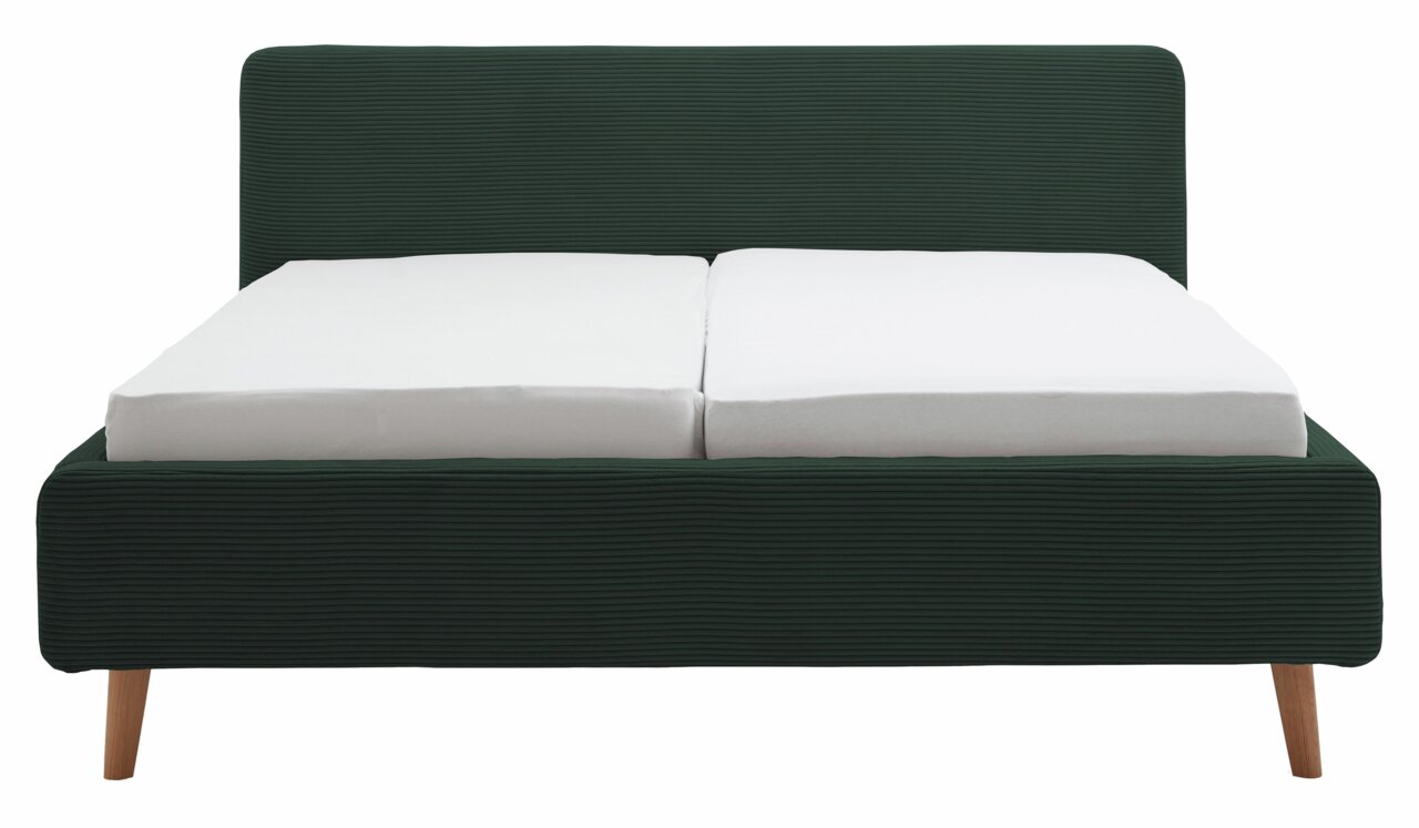 Polsterbettgestell in dunklem Stoff mit Holzfüßen, Vorderansicht