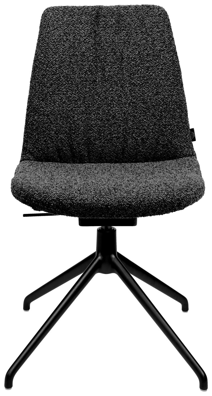 Moderner schwarzer Stuhl mit gepolsterter Sitzfläche und Rückenlehne, auf einem stabilen Metallgestell, Frontalansicht.