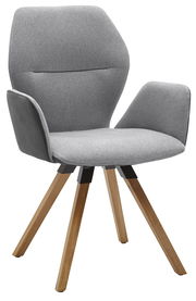 Grauer Armlehnenstuhl mit Holzbeinen, seitliche Perspektive