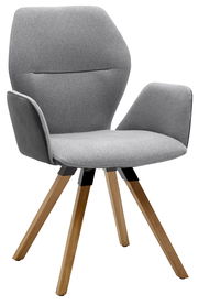 Grauer Armlehnenstuhl mit Holzbeinen, seitliche Perspektive