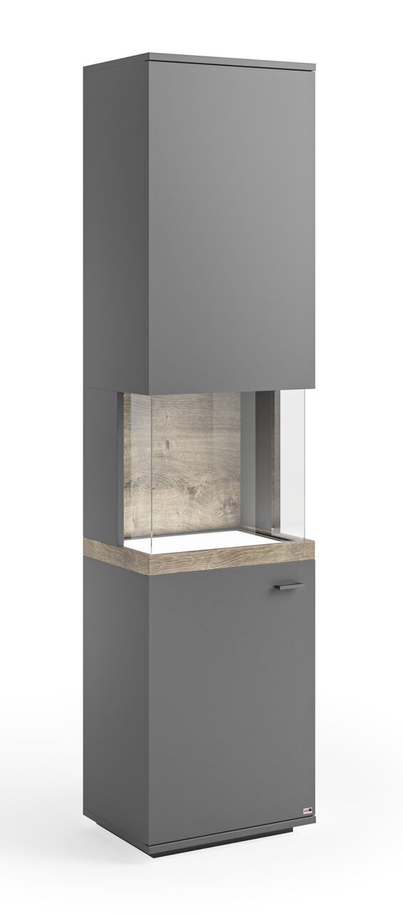 Set one by Musterring Vitrine links SET ONE LANCASTER Graue Vitrine mit Holzdetails, frontal betrachtet, mit Glaseinsatz in der Mitte.