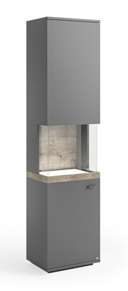 Graue Vitrine mit Holzdetails, frontal betrachtet, mit Glaseinsatz in der Mitte.