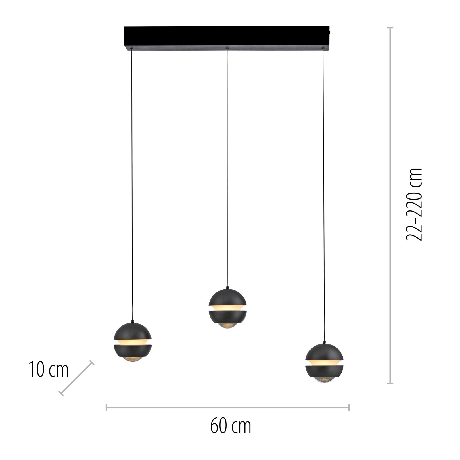 Schwarze 3-flammige Pendelleuchte mit drei kugelförmigen Lampenschirmen an rechteckigem Baldachin, Frontansicht, Maße ca. 60 cm Breite, 10 cm Schirmdurchmesser und 22–220 cm Abhängung
