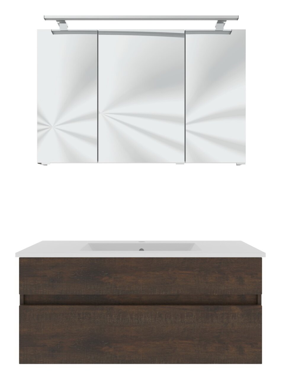 Modern badkamermeubel met spiegelkast en wastafelonderkast in houtlook, vooraanzicht