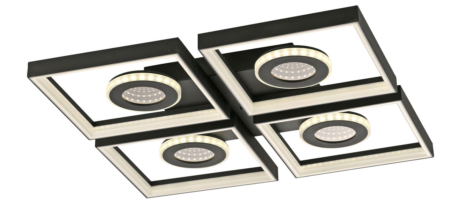 Moderne LED-Deckenleuchte mit vier quadratischen Rahmen und runden Lichtelementen, seitliche Perspektive.