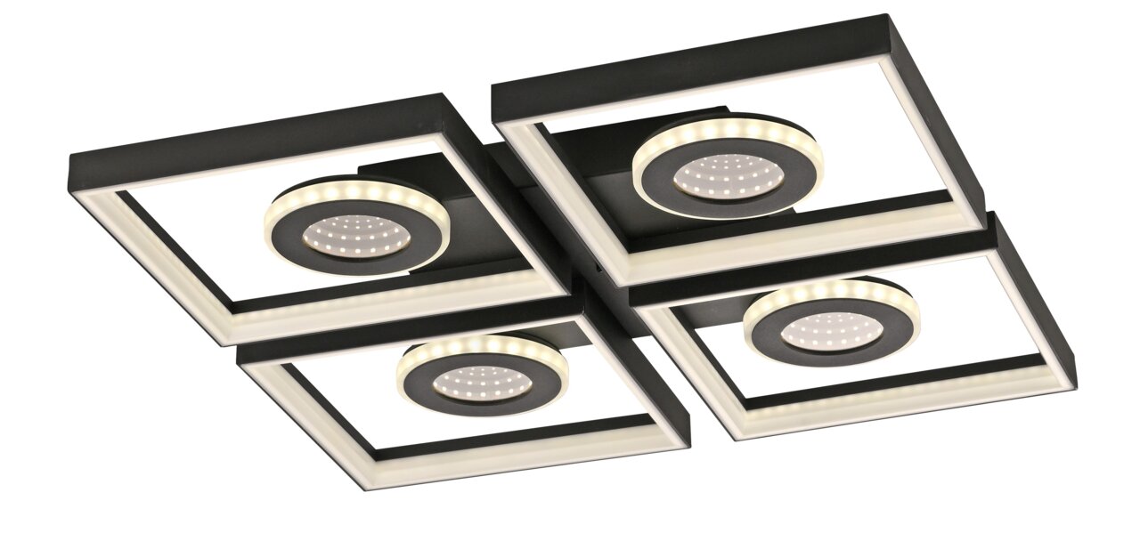 Paul Neuhaus LED-Deckenleuchte TRAFORO Moderne LED-Deckenleuchte mit vier quadratischen Rahmen und runden Lichtelementen, seitliche Perspektive.