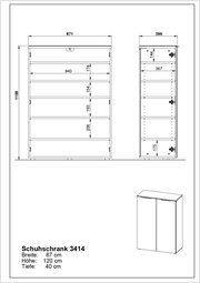 Technische Zeichnung eines Schuhschranks mit den Maßen Breite: 87 cm, Höhe: 120 cm, Tiefe: 40 cm. Front- und Seitenansicht des Schranks.