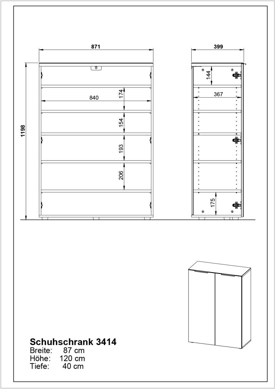 Technische Zeichnung eines Schuhschranks mit den Maßen Breite: 87 cm, Höhe: 120 cm, Tiefe: 40 cm. Front- und Seitenansicht des Schranks.