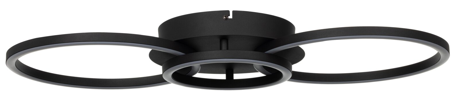Moderne led-plafondlamp met drie zwarte, in elkaar verstrengelde ringen, zijaanzicht