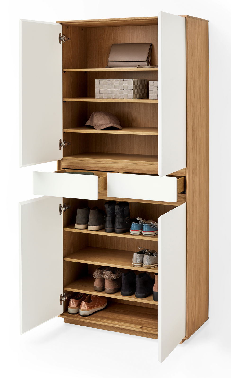 XL-Mehrzweckschrank mit offenen Türen und Schubladen, zeigt Regale mit Schuhen und Accessoires, Perspektive von vorne