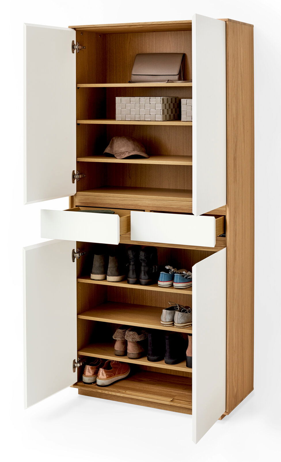 XL-Mehrzweckschrank mit offenen Türen und Schubladen, zeigt Regale mit Schuhen und Accessoires, Perspektive von vorne