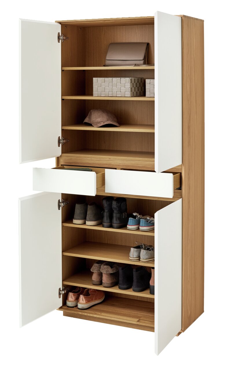 VOSS XL-Mehrzweckschrank V100 XL-Mehrzweckschrank mit offenen Türen und Schubladen, zeigt Regale mit Schuhen und Accessoires, Perspektive von vorne