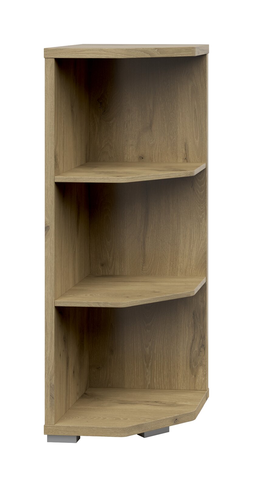 Eckregal aus Holz mit drei offenen Fächern, perspektivisch von vorne links gesehen
